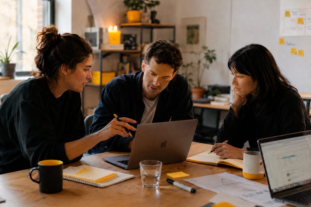 A small business team collaborating around a laptop