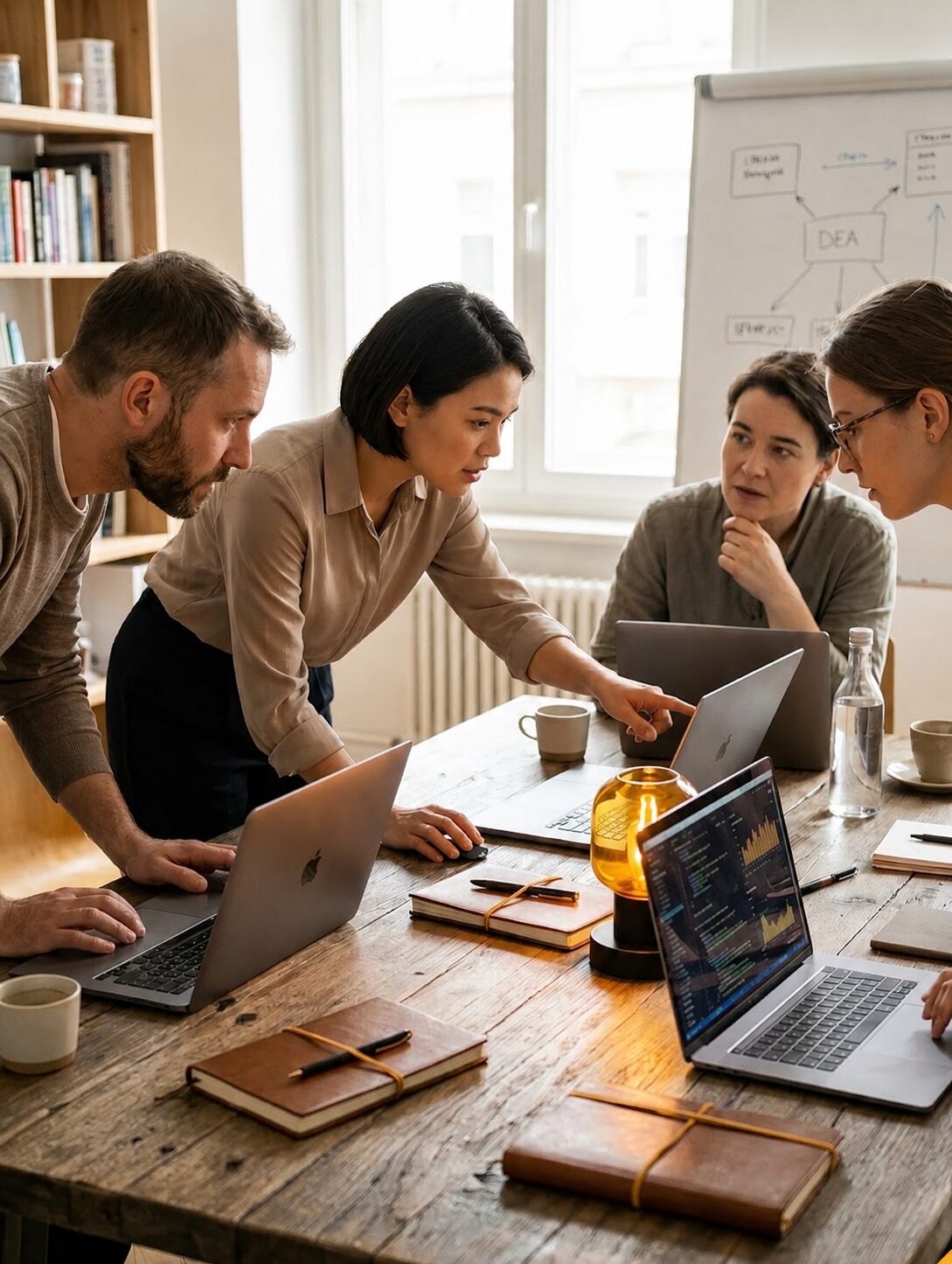 A small service-business team mapping a workflow together